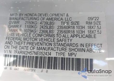 2022 Honda Cr-V Awd Ex from USA, damaged, VIN 7FARW2H57NE052434